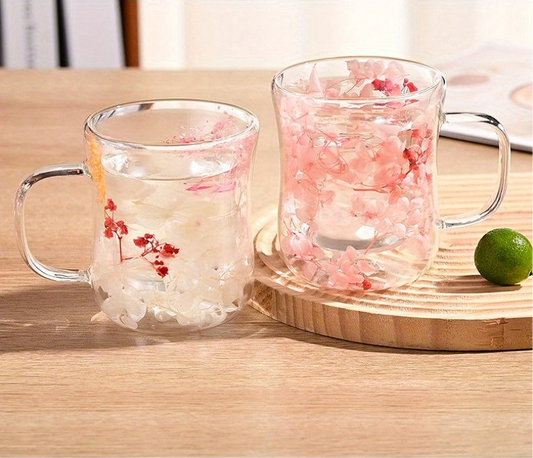 Glass coffee cup with dried flowers