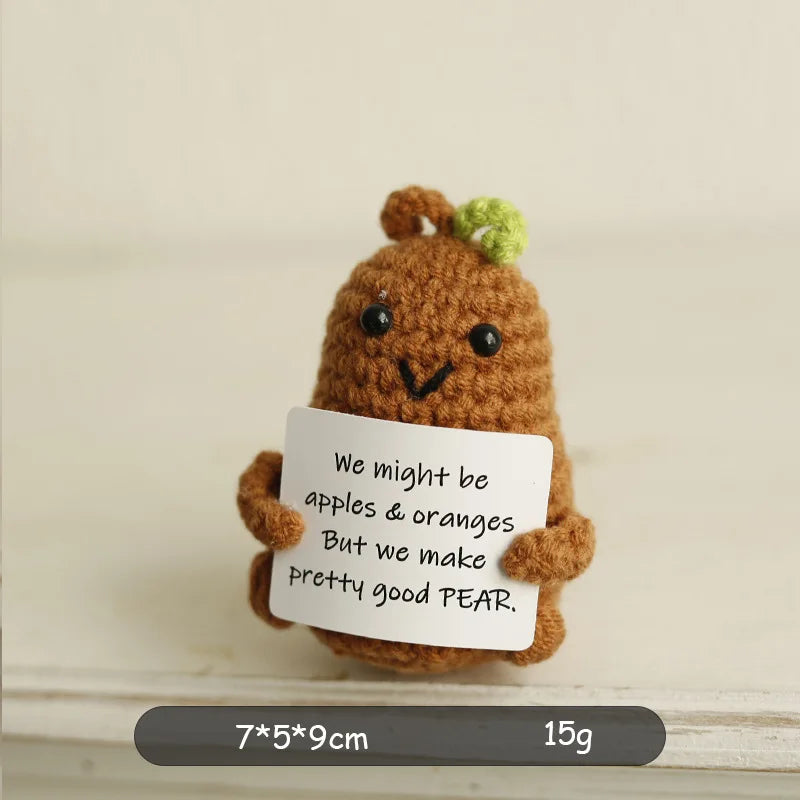 Crochet plush with positive message for emotional support