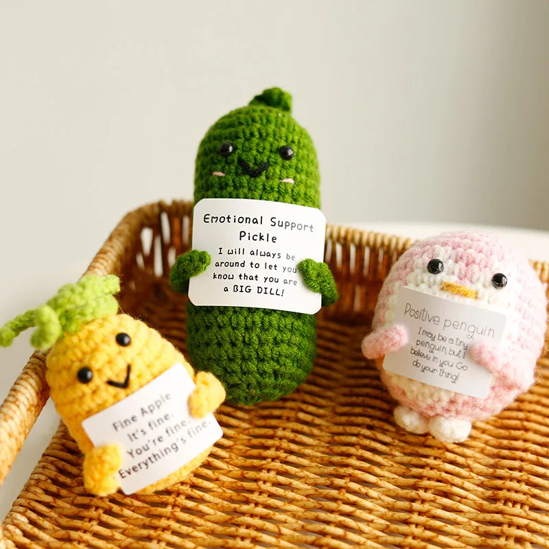 Crochet plush with positive message for emotional support