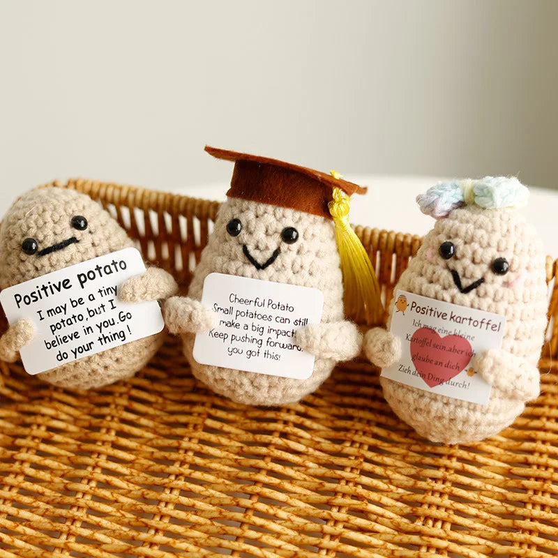 Crochet plush with positive message for emotional support