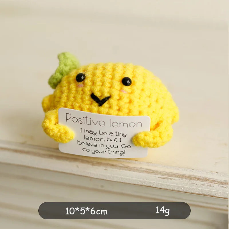 Crochet plush with positive message for emotional support