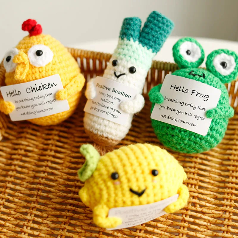 Crochet plush with positive message for emotional support