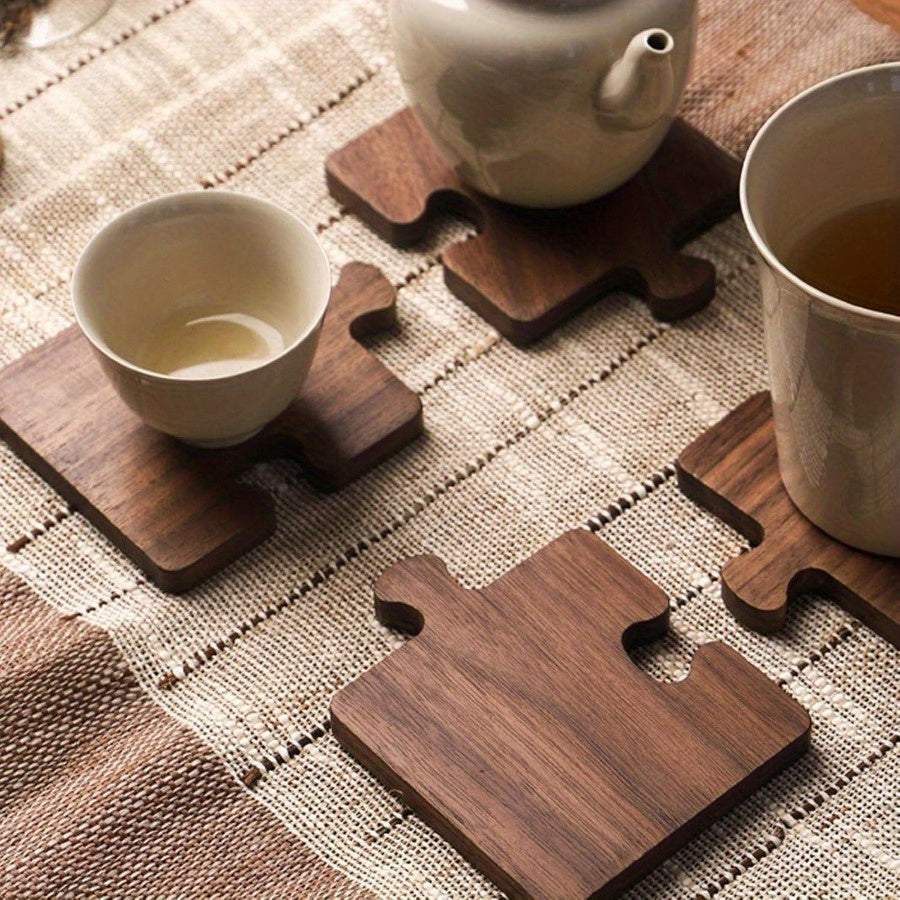 Heat resistant wooden coaster set made of puzzle pieces